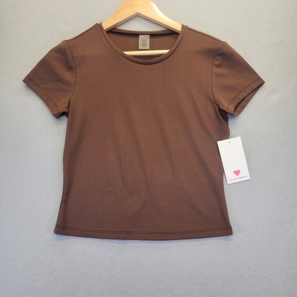 Love Charm Brown Short Sleeve Crewneck Tee Shirt Womens Large NWT 9053JN Stretch